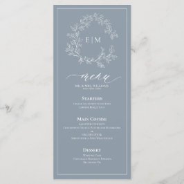Dusty Blue Leafy Wappen Monogram Wedding Menu Menükarte