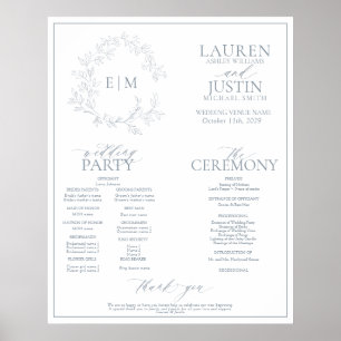 Dusty Blue Leafy Wappen Monogram Wedding Program Poster