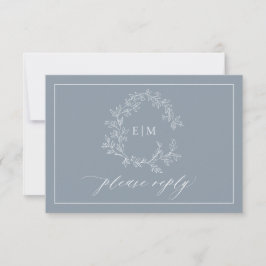 Dusty Blue Leafy Wappen Monogram Wedding RSVP Card
