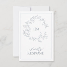 Dusty Blue Leafy Wappen Monogram Wedding RSVP Card Karte