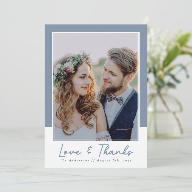 Dusty Blue Liebe & Danke Foto Wedding (Stehend Vorderseite)