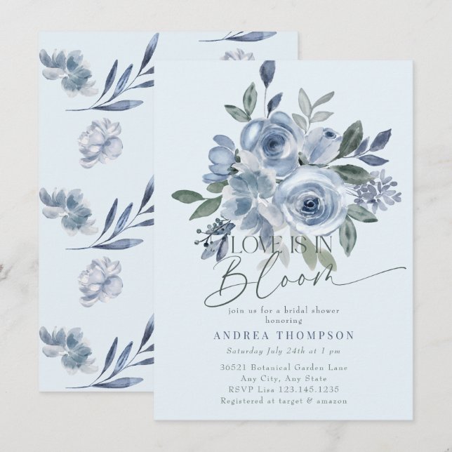 Dusty Blue Liebe in Bloom Bridal Dusche Einladunge Einladung (Vorne/Hinten)