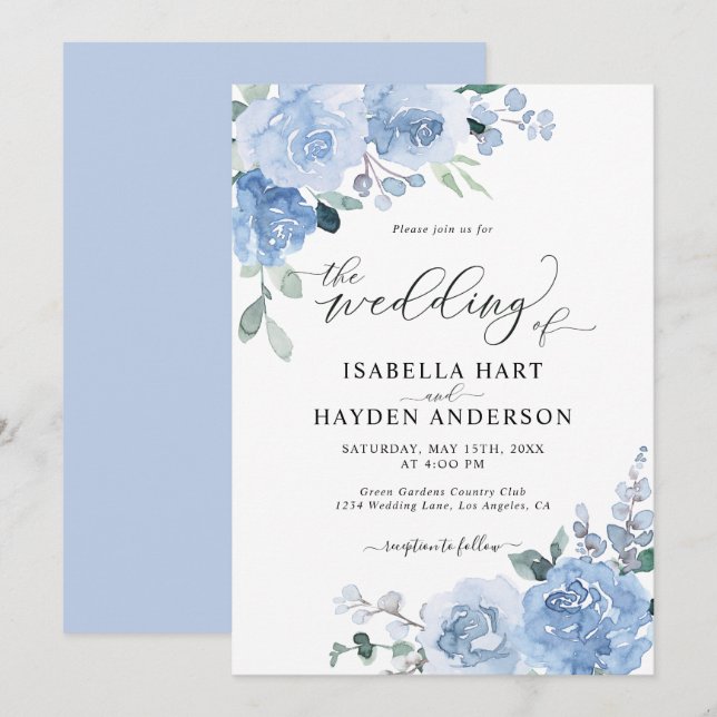 Dusty Blue Light Baby Blue Floral Blume Hochzeit Einladung (Vorne/Hinten)