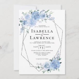 Dusty Blue Light Floral Silver Geometric Wedding Einladung