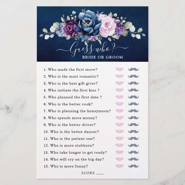 Dusty Blue Lila Brautparty Game Guess Who (Vorderseite)