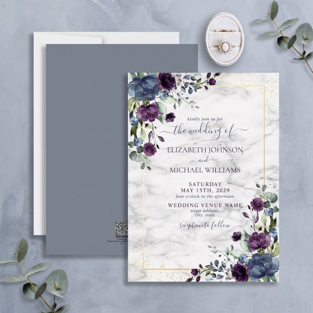 Dusty Blue Lila Gold Floral Wedding Folieneinladung (Von Creator hochgeladen)