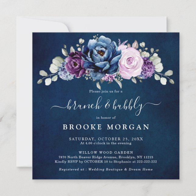 Dusty Blue Lila Navy Lilac Bloom Brunch & Bubbly Einladung (Vorderseite)
