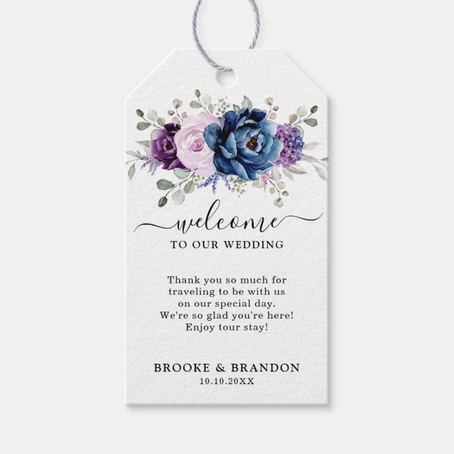 Dusty Blue Lila Navy Lilac Bloom Wedding Willkomme Geschenkanhänger (Vorderseite)