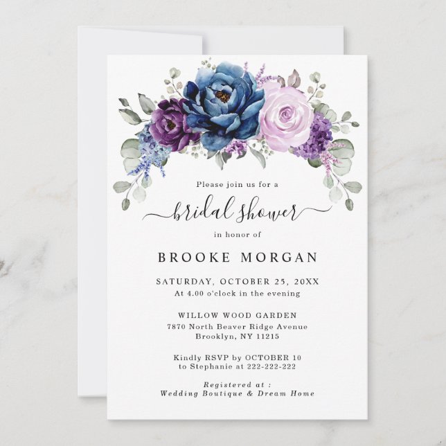 Dusty Blue Lila Navy Lilac Blooms Brautparty Einladung (Vorderseite)
