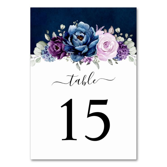 Dusty Blue Lila Navy Lilac Blooms Hochzeitstisch Tischnummer (Vorderseite)