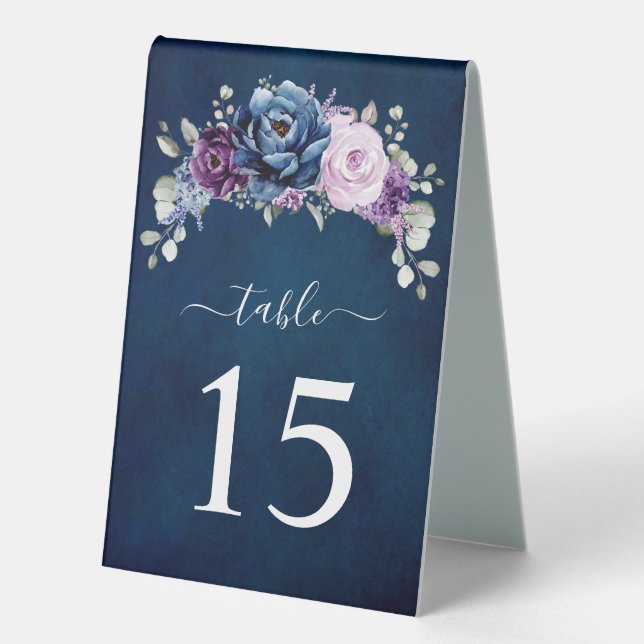 Dusty Blue Lila Navy Lilac Blooms Tischnummer T Tischaufsteller (Vorderseite)