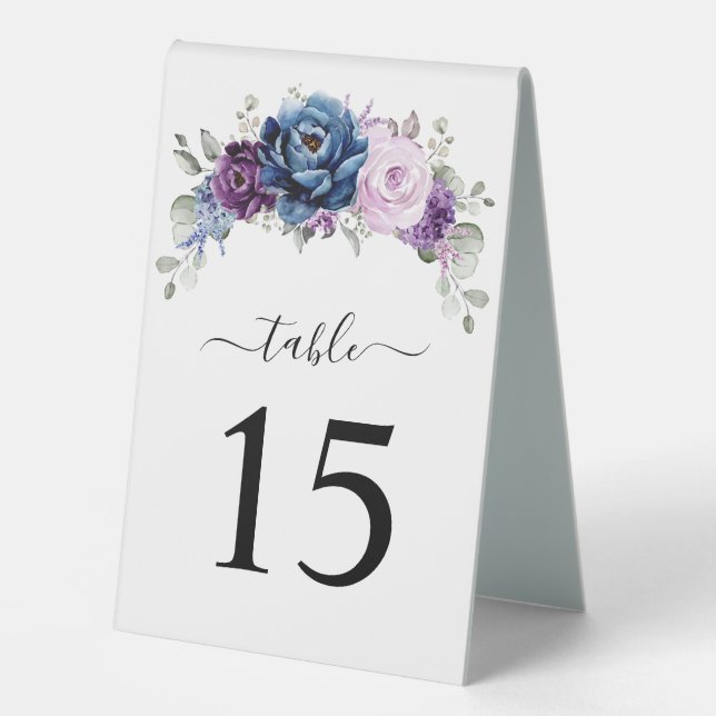 Dusty Blue Lila Navy Lilac Blooms Tischnummer Tischaufsteller (Vorderseite)