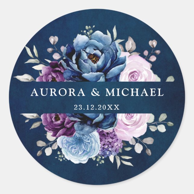 Dusty Blue Lila Navy Lilac Blooms Wedding Classi Runder Aufkleber (Vorderseite)