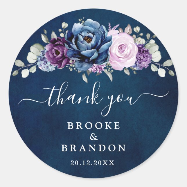 Dusty Blue Lila Navy Lilac Blooms Wedding Classi Runder Aufkleber (Vorderseite)