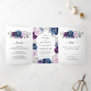 Dusty Blue Lila Navy Lilac Blooms Wedding Dreifach Gefaltete Ankündigung