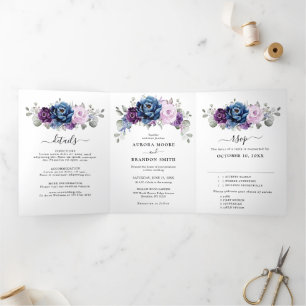 Dusty Blue Lila Navy Lilac Blooms Wedding Dreifach Gefaltete Ankündigung