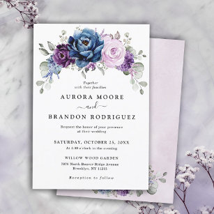 Dusty Blue Lila Navy Lilac Blooms Wedding Einladung