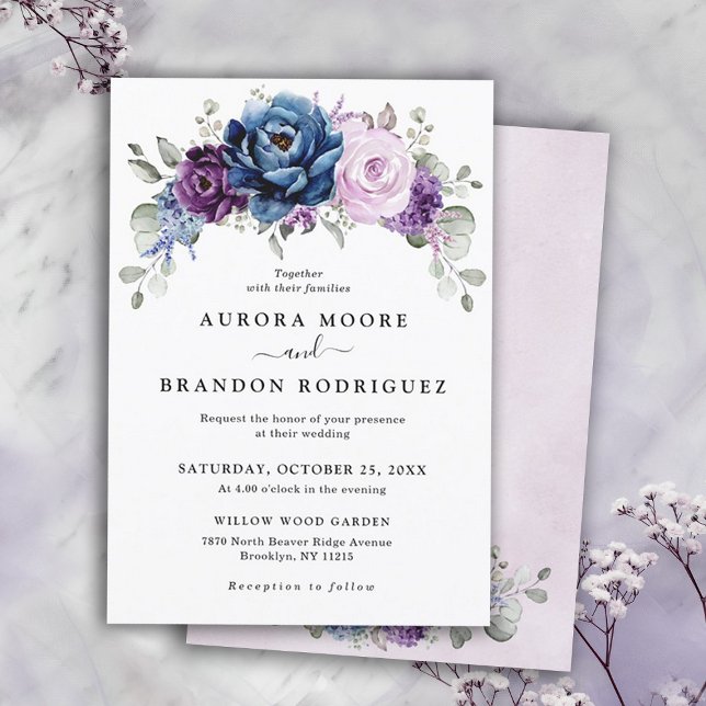 Dusty Blue Lila Navy Lilac Blooms Wedding Einladung (Dusty Blue Purple Navy Lilac Blooms Wedding invitation)