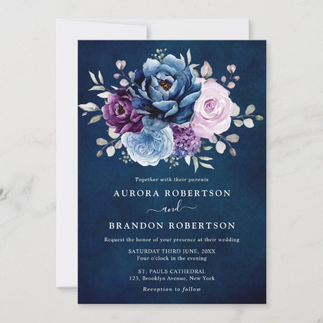 Dusty Blue Lila Navy Lilac Blooms Wedding Elegan Einladung (Vorderseite)