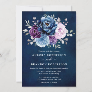 Dusty Blue Lila Navy Lilac Blooms Wedding Elegan Einladung