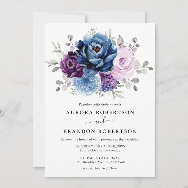 Dusty Blue Lila Navy Lilac Blooms Wedding Elegan Einladung (Vorderseite)