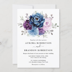 Dusty Blue Lila Navy Lilac Blooms Wedding Elegan Einladung