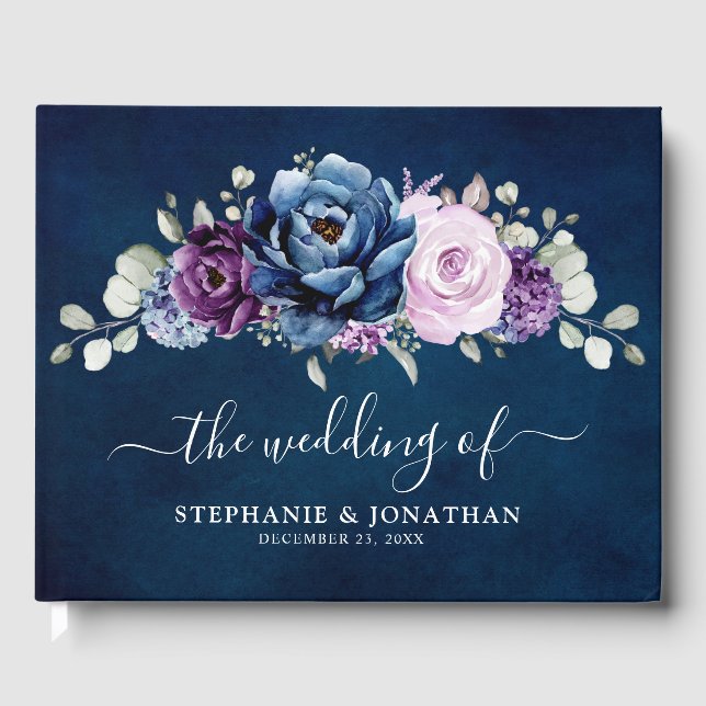 Dusty Blue Lila Navy Lilac Blooms Wedding Guest Gästebuch (Vorderseite)