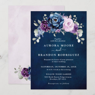 Dusty Blue Lila Navy Lilac Blooms Wedding Invita Einladung