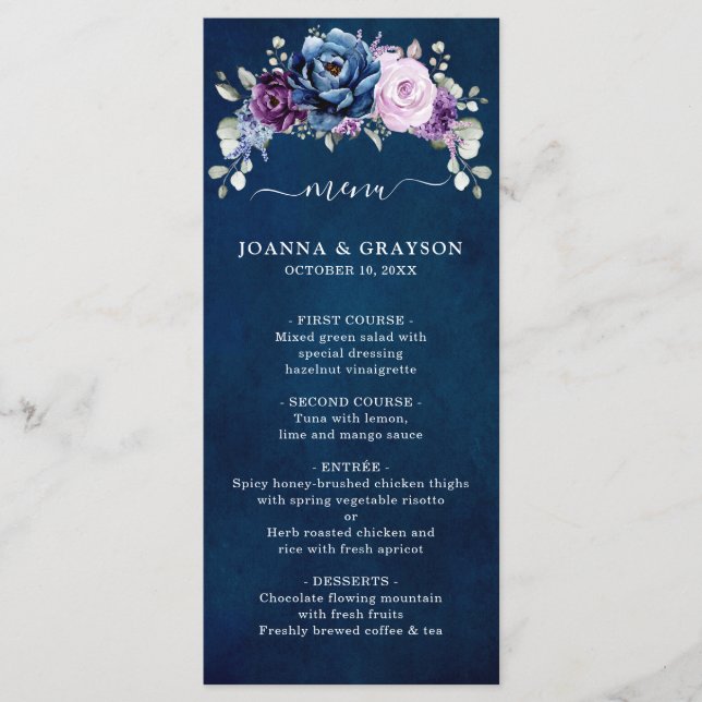 Dusty Blue Lila Navy Lilac Blooms Wedding Menu Menükarte (Vorderseite)