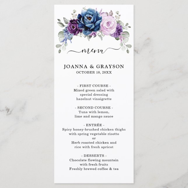 Dusty Blue Lila Navy Lilac Blooms Wedding Menükarte (Vorderseite)