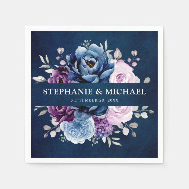 Dusty Blue Lila Navy Lilac Blooms Wedding Napkin Serviette (Vorderseite)
