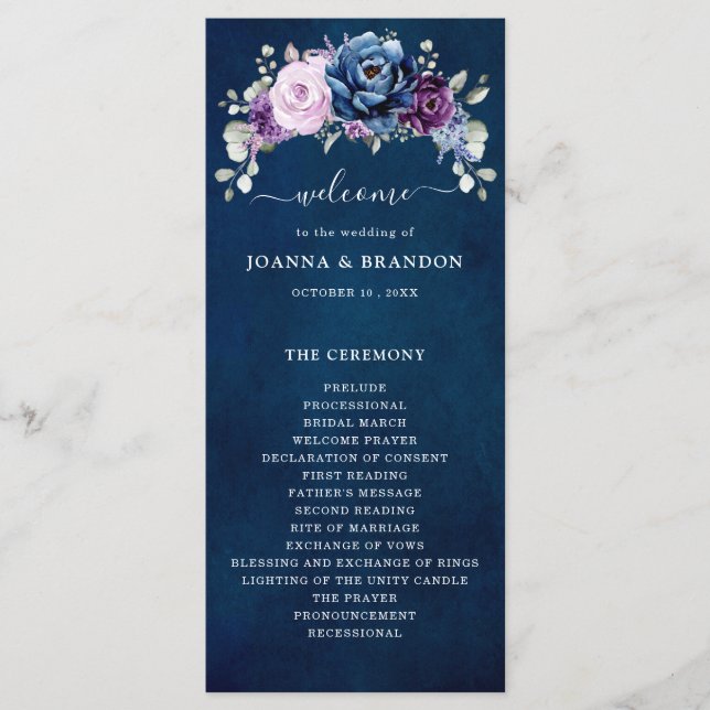 Dusty Blue Lila Navy Lilac Blooms Wedding Program Programm (Vorderseite)