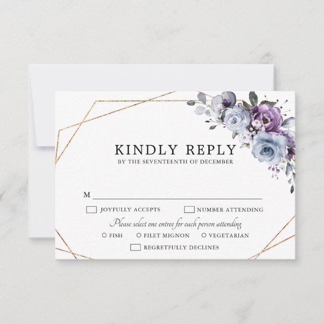 Dusty Blue Lila Navy Lilac Blooms Wedding RSVP C (Vorderseite)