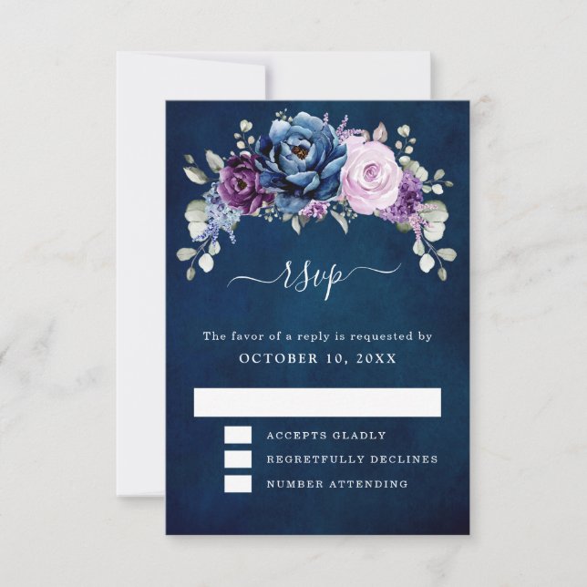 Dusty Blue Lila Navy Lilac Blooms Wedding RSVP C (Vorderseite)