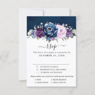 Dusty Blue Lila Navy Lilac Blooms Wedding RSVP C