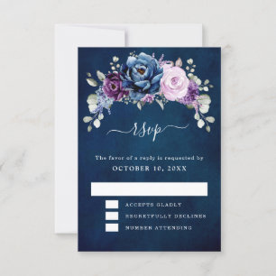 Dusty Blue Lila Navy Lilac Blooms Wedding RSVP C Karte