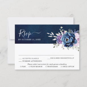 Dusty Blue Lila Navy Lilac Blooms Wedding RSVP C Karte
