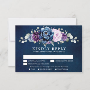 Dusty Blue Lila Navy Lilac Blooms Wedding RSVP C Karte