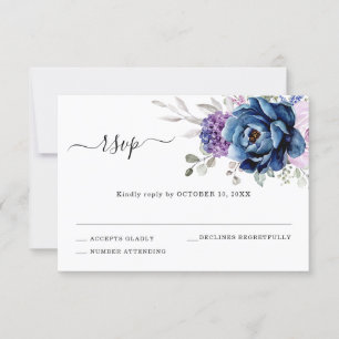 Dusty Blue Lila Navy Lilac Blooms Wedding RSVP Karte