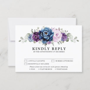 Dusty Blue Lila Navy Lilac Blooms Wedding RSVP Karte