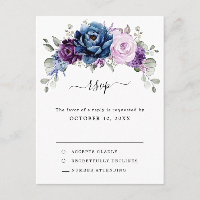 Dusty Blue Lila Navy Lilac Blooms Wedding RSVP Postkarte (Vorderseite)