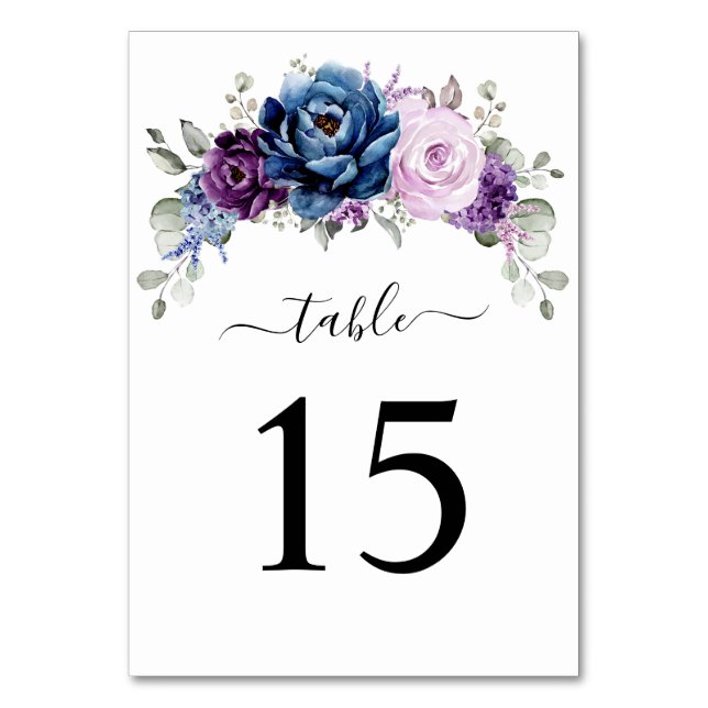 Dusty Blue Lila Navy Lilac Blooms Wedding Tischnummer (Vorderseite)