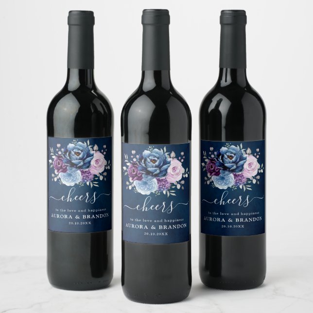 Dusty Blue Lila Navy Lilac Blooms Wedding Wine L Weinetikett (Flaschen)