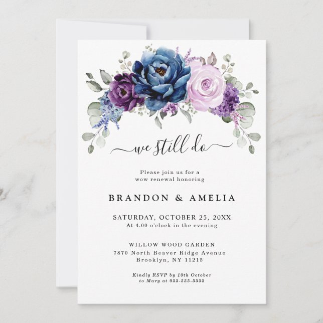 Dusty Blue Lila Navy Lilac Blooms Wir tun es noch Einladung (Vorderseite)