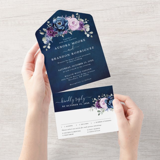 Dusty Blue Lila Navy Lilac blüht auf All In One Einladung (Abreißen)