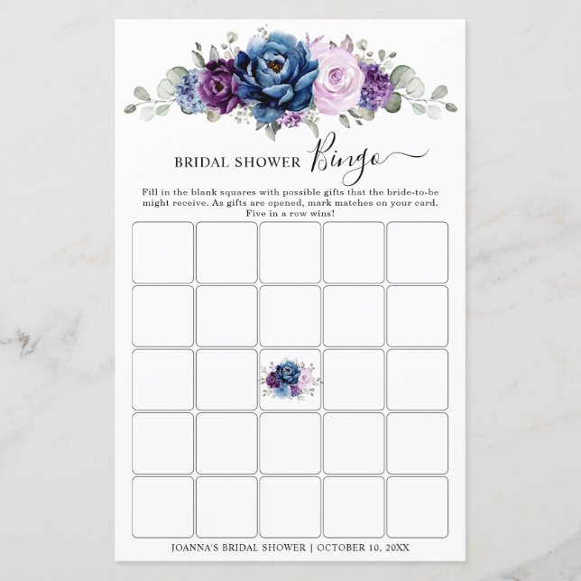 Dusty Blue Lila Navy Lilac Brautparty Bingo (Vorderseite)