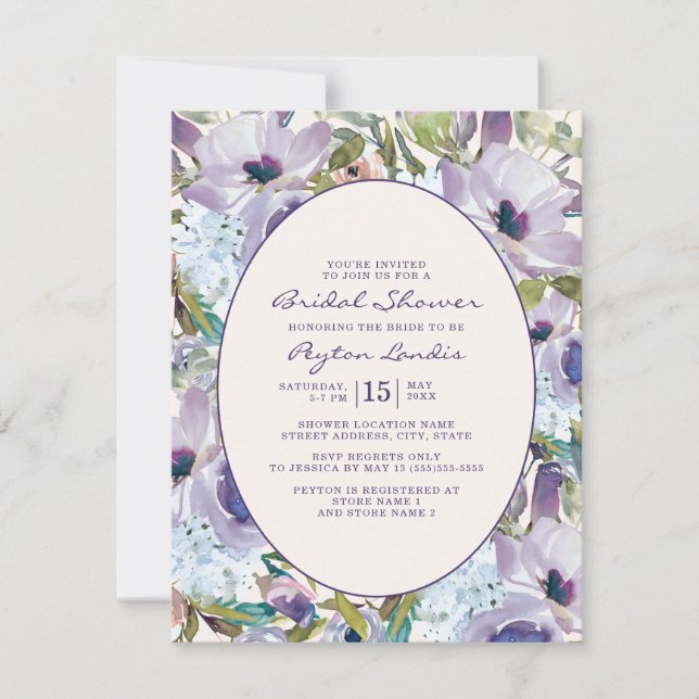 Dusty Blue Lila Watercolor Floral Bridal Einladung (Vorderseite)