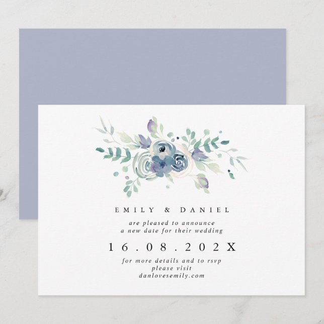Dusty Blue & Lilac Floral New Wedding Date Einladung (Vorne/Hinten)