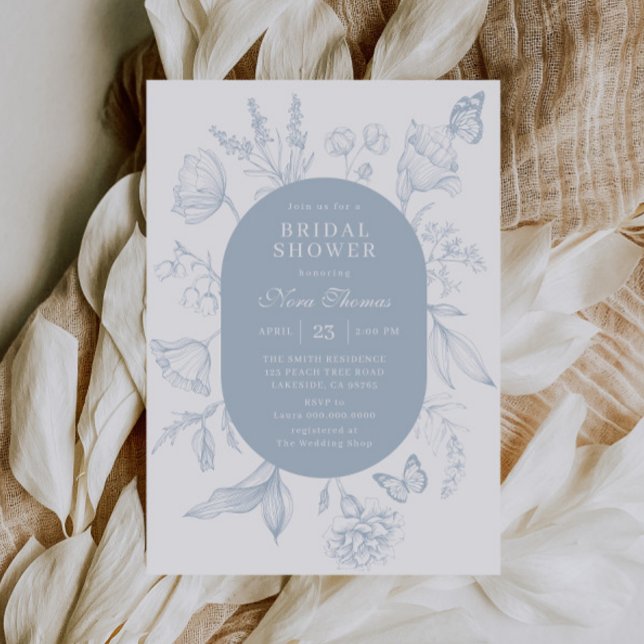 Dusty Blue Line Art Floral Butterfly Brautparty Einladung (Von Creator hochgeladen)