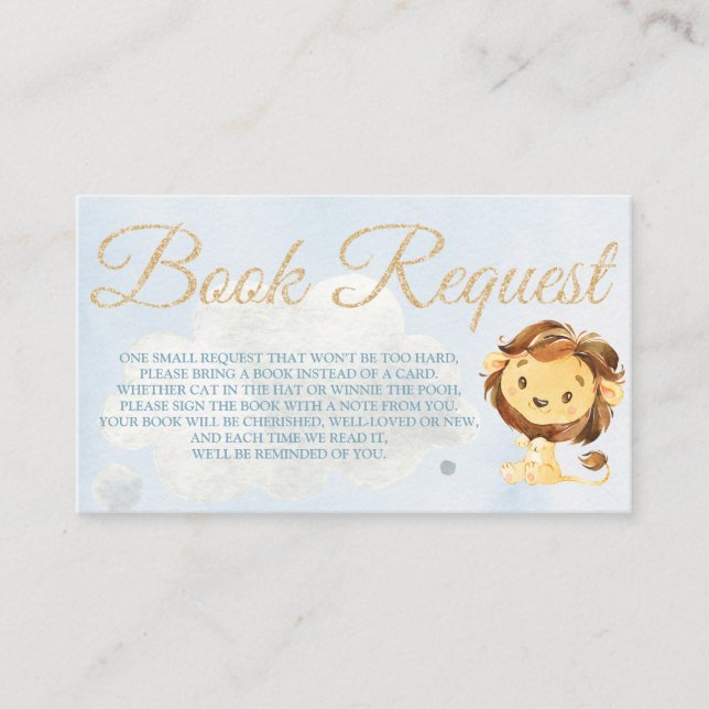 Dusty Blue Lion Book Request Card für Babydusche Visitenkarte (Vorderseite)